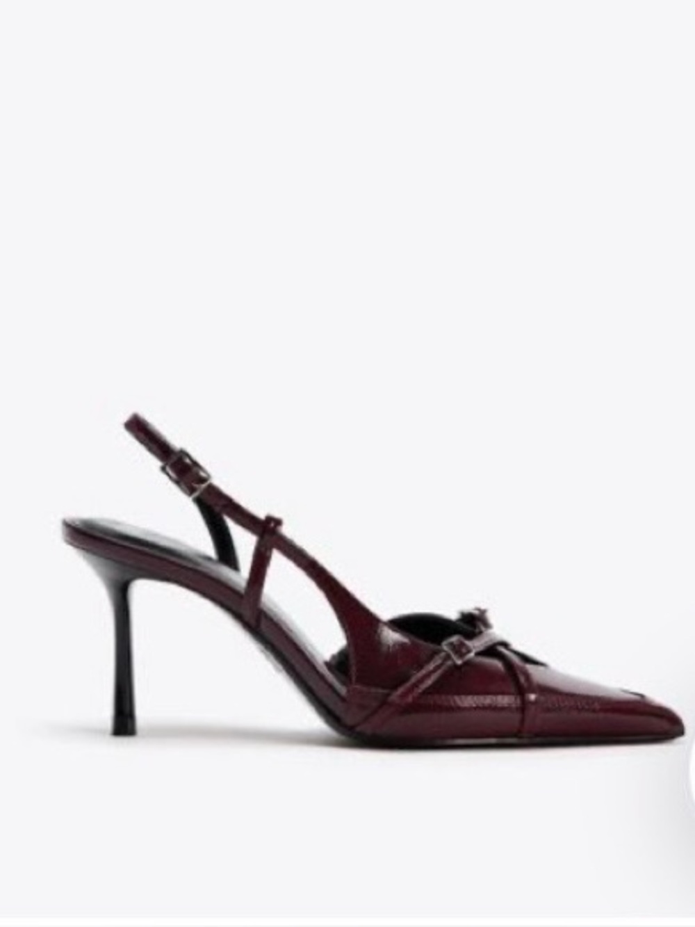 Zara Buckled Strap Heeled Shoes Burgundy Slingback Pointed-Toe Heel